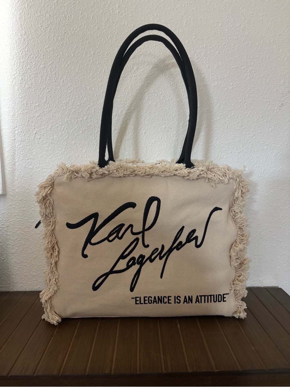 Karl Lagerfeld Paris Margot Fringe Canvas Zip Tote Bag Cream Natural